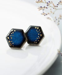 [予約商品]藍色美濃焼六角形星屑イヤリング【MIKELO】