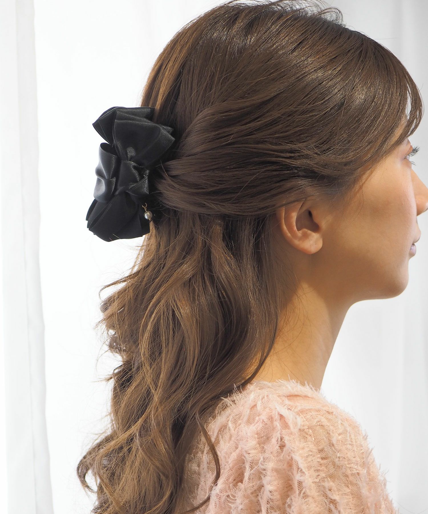 パール付きリボンバンスクリップ