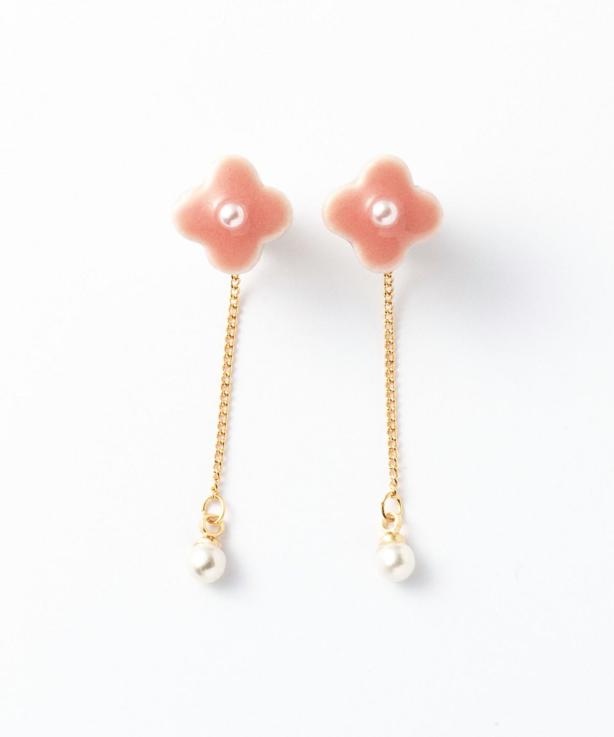 美濃焼陶器小花パール×チェーンイヤリング【MIKELO】