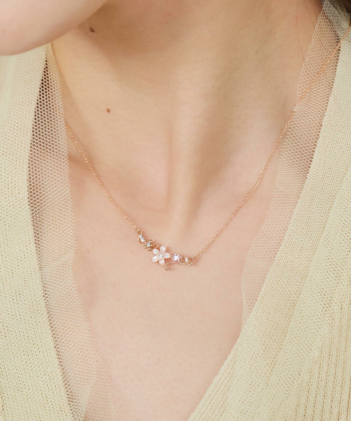 ピンク蝶貝フラワーハートラインネックレス