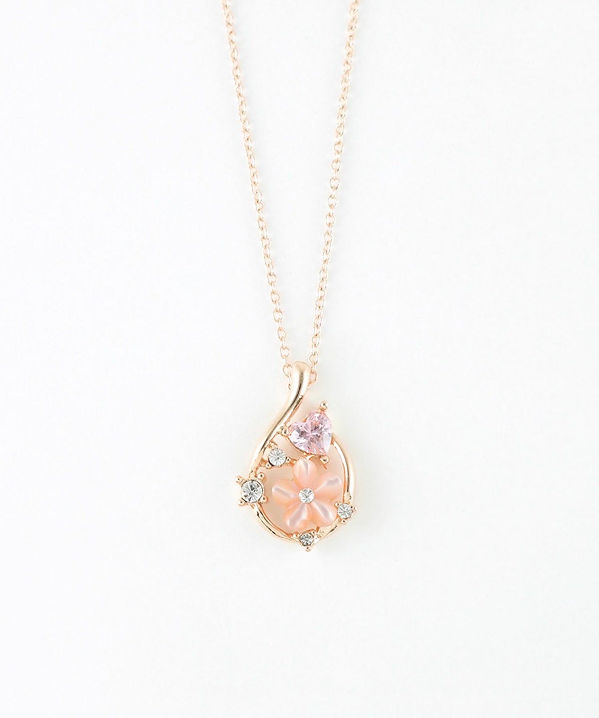 ピンク蝶貝フラワーハートドロップネックレス