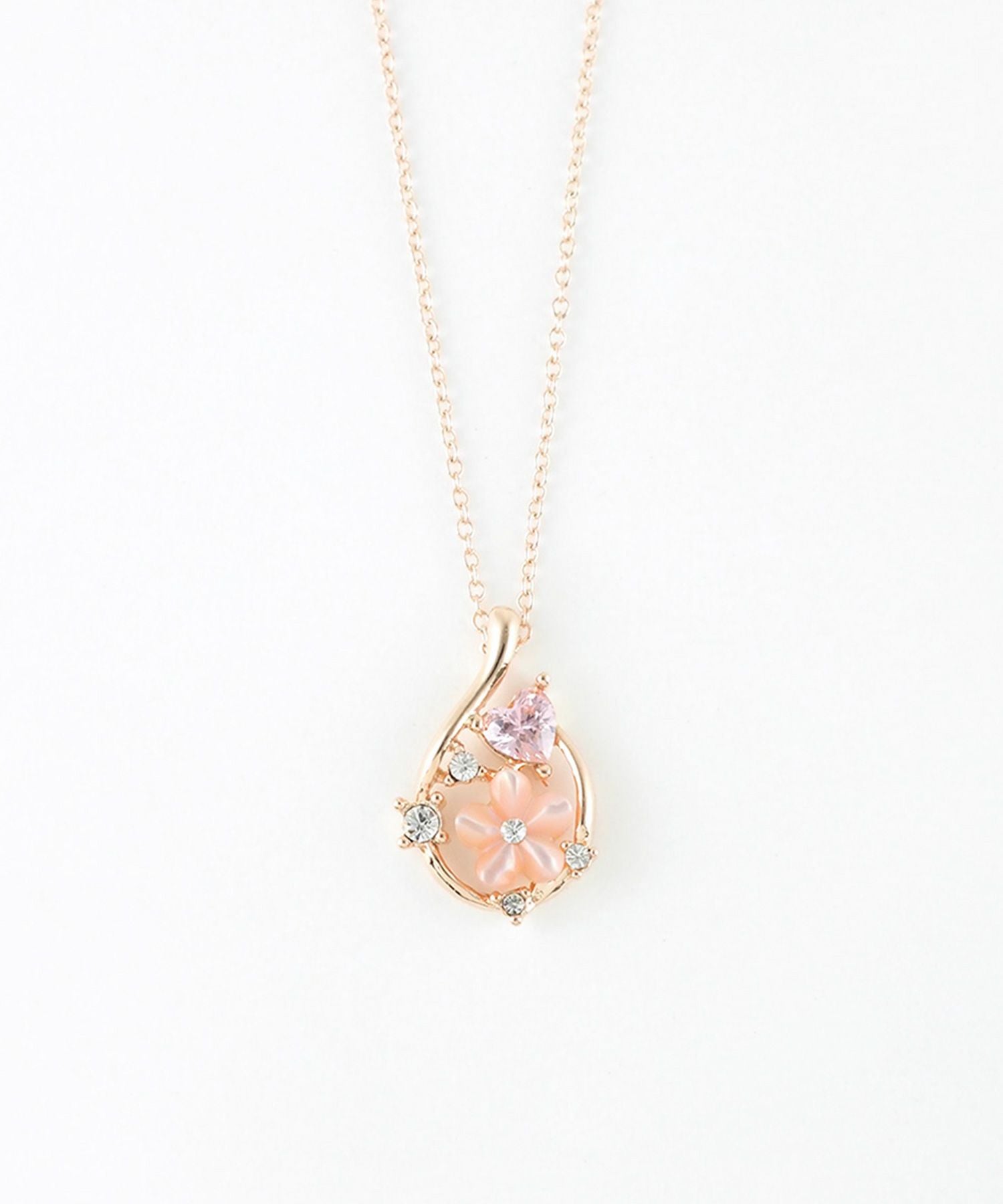 ピンク蝶貝フラワーハートドロップネックレス