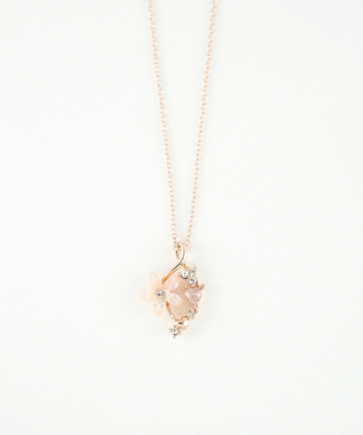 ピンク蝶貝フラワーハートフイユネックレス