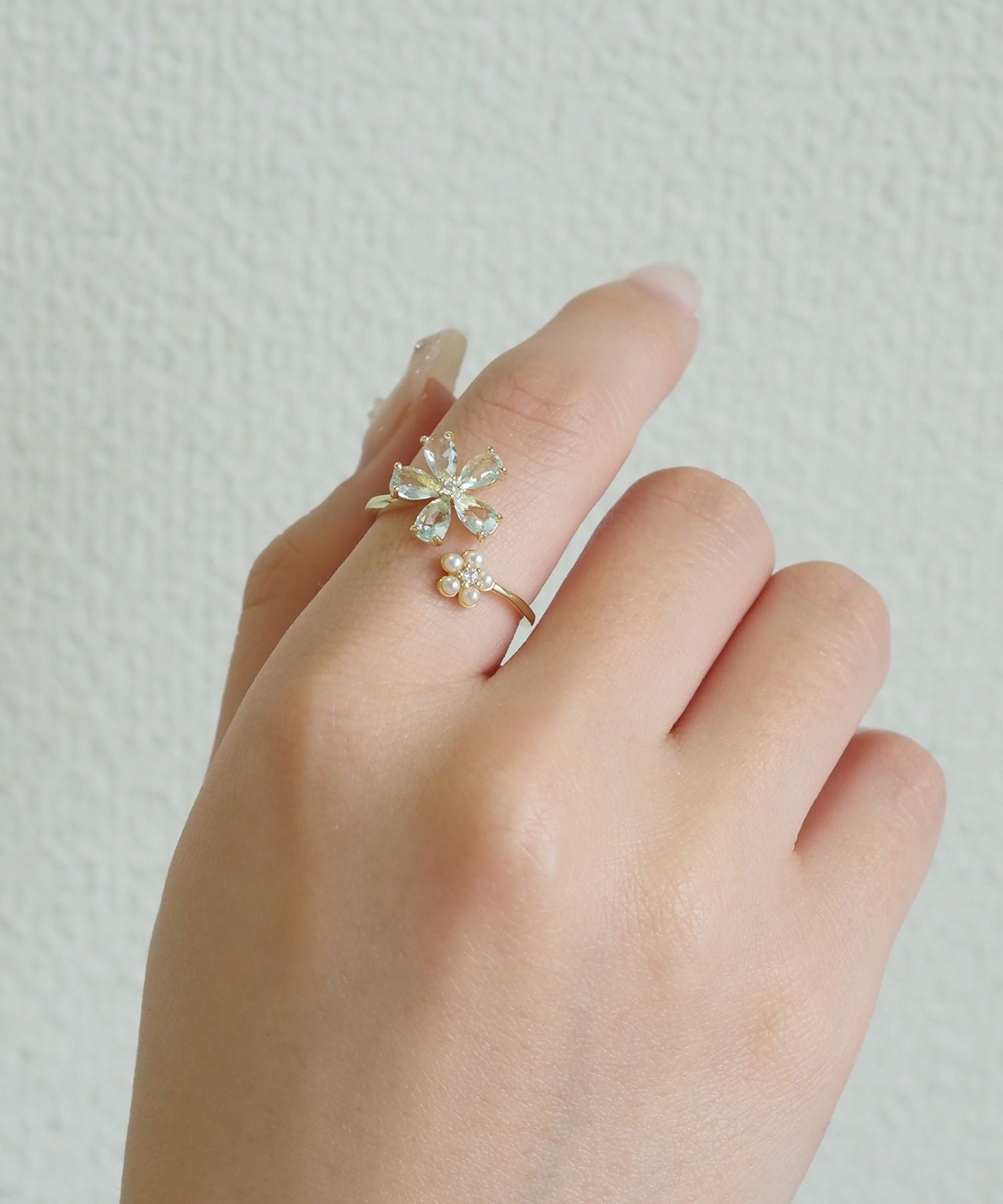 ジルコニア＆パールフラワーオープンリング