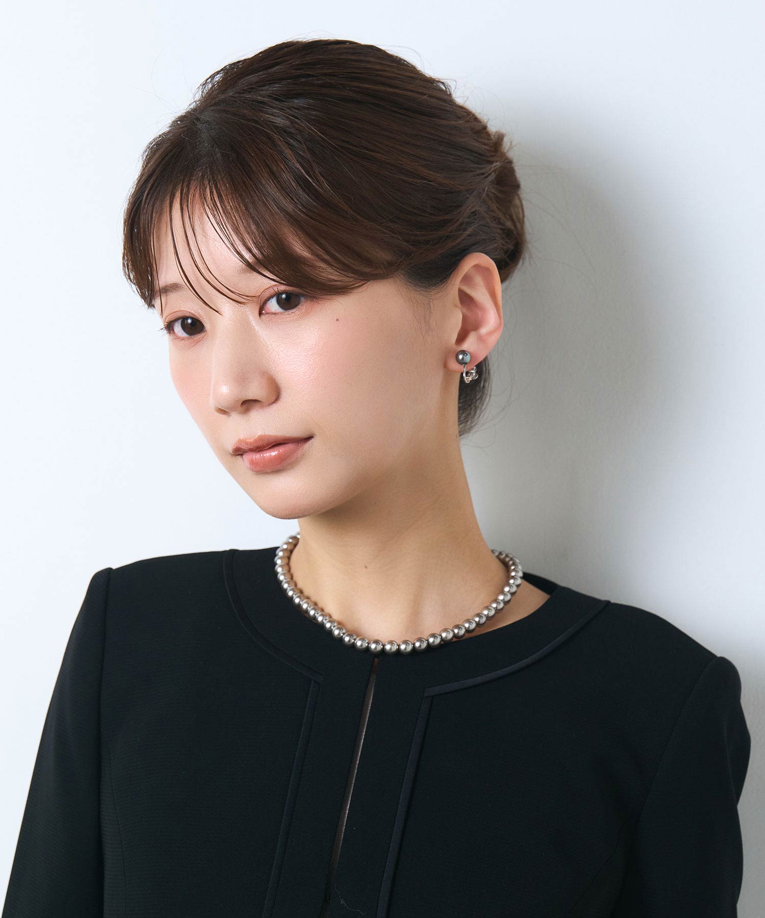 グレーガラスパールネックレス＆イヤリングセット