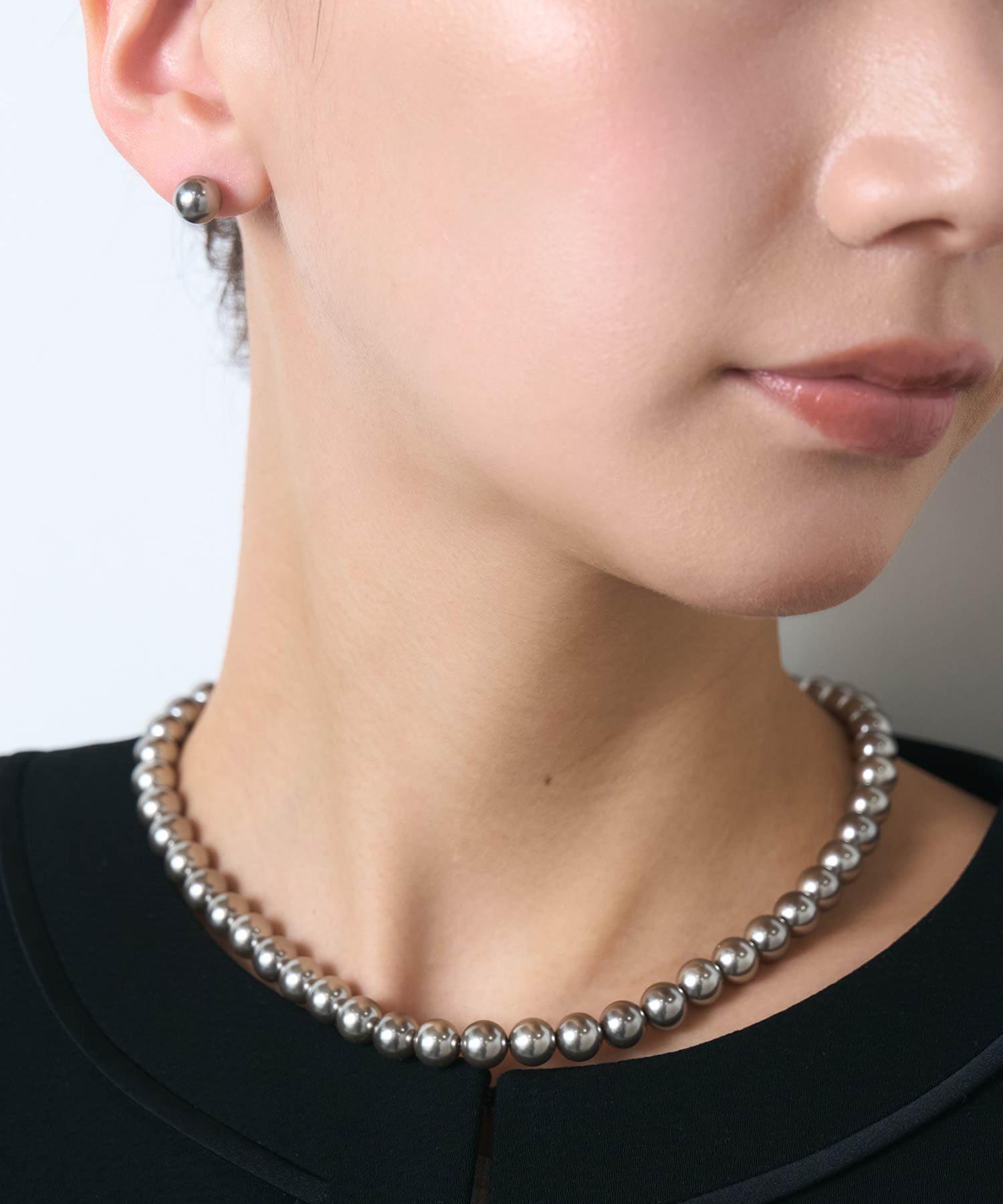 グレーガラスパールネックレス＆ピアスセット