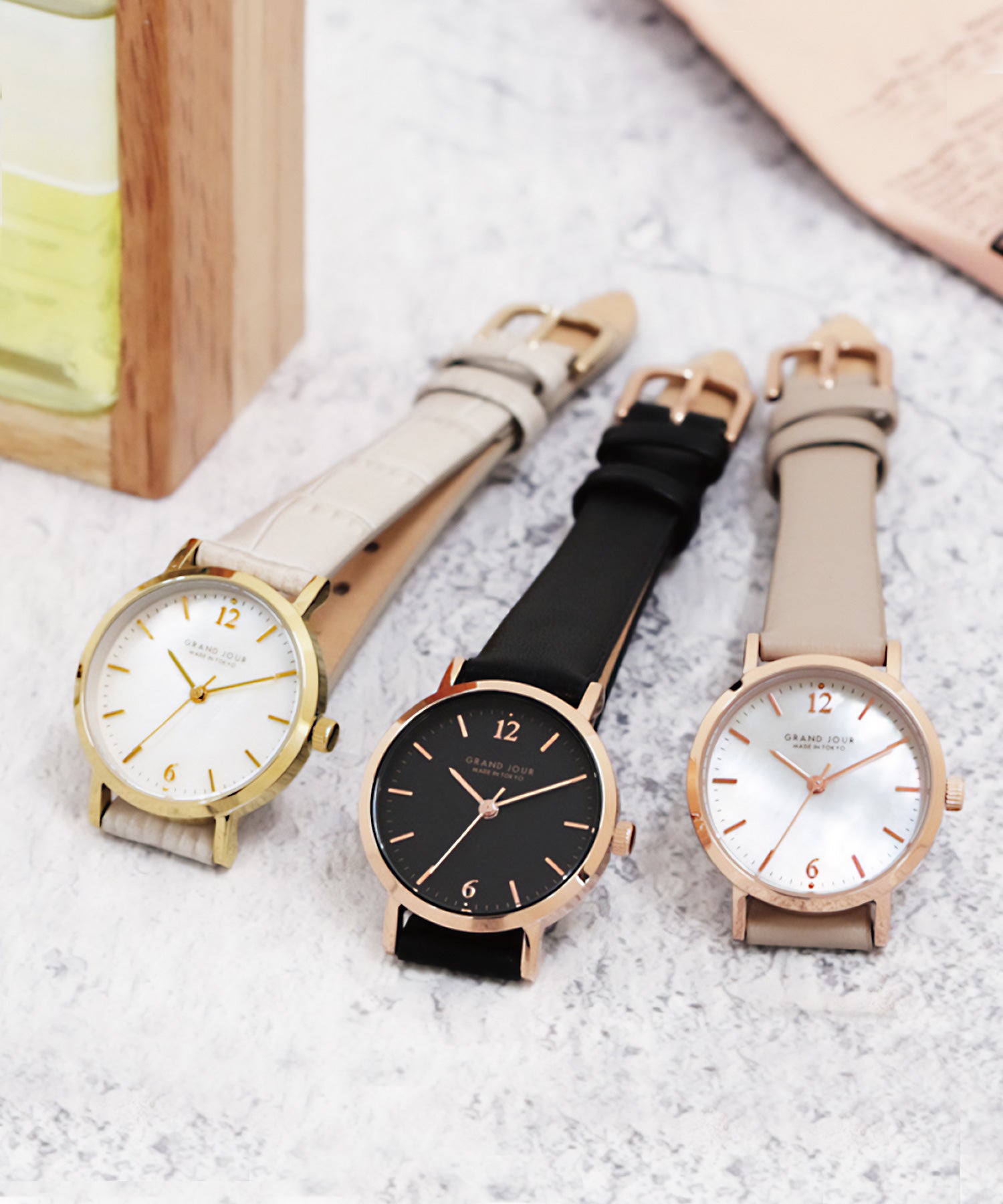 【3気圧防水/金属アレルギー対応】GRAND JOUR 本革ベルトウォッチ BOX付