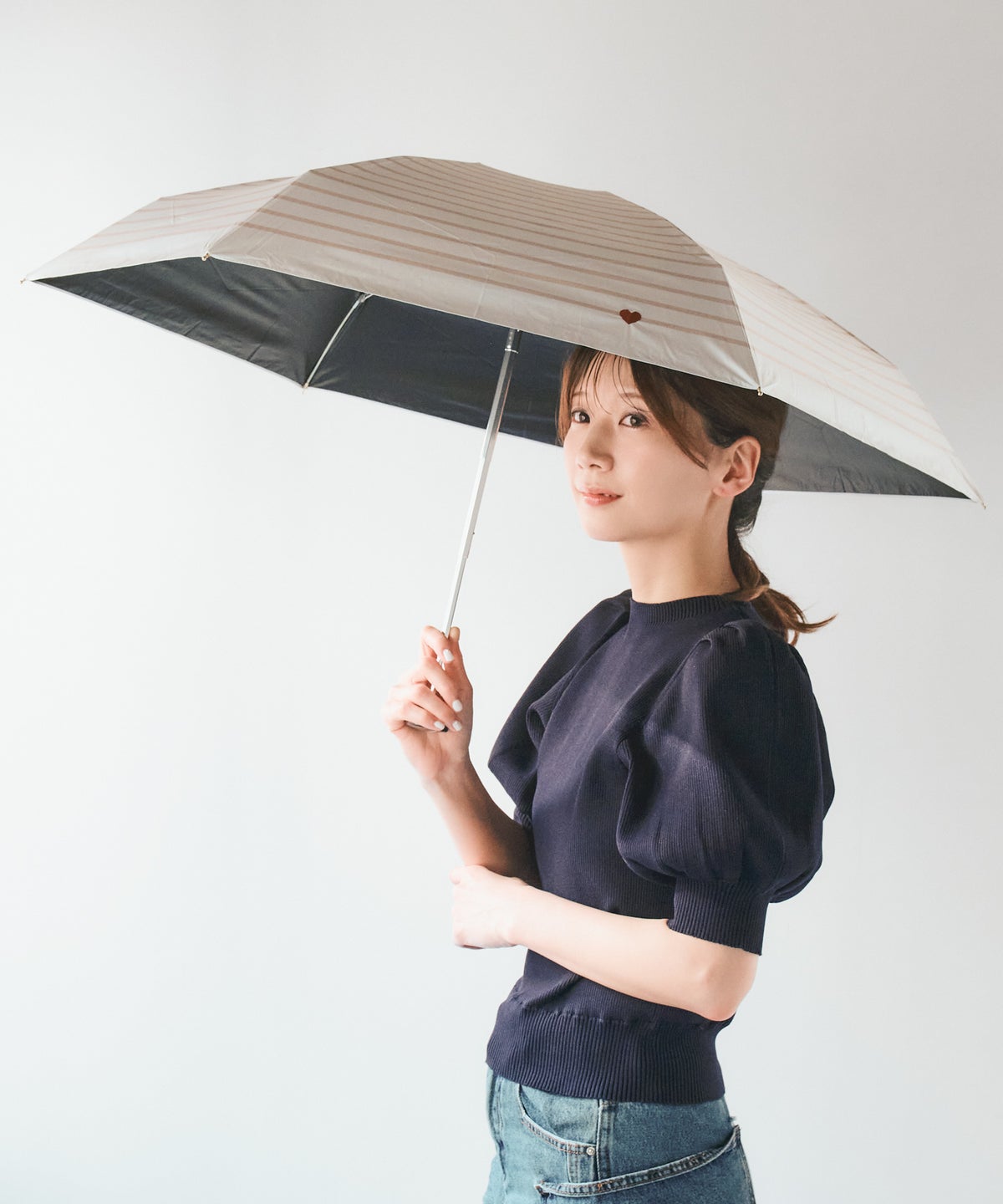 遮光ハート刺繍ボーターミニ 折りたたみ晴雨兼用日傘