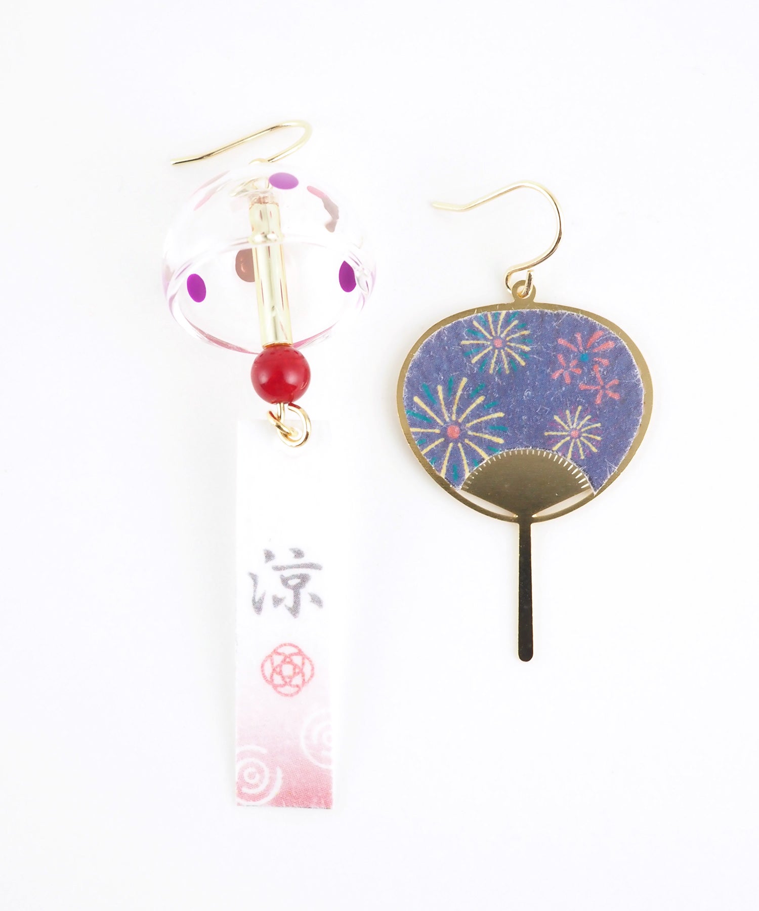 和モダン風鈴＆うちわアシンメトリーフックピアス【雅 -MIYABI